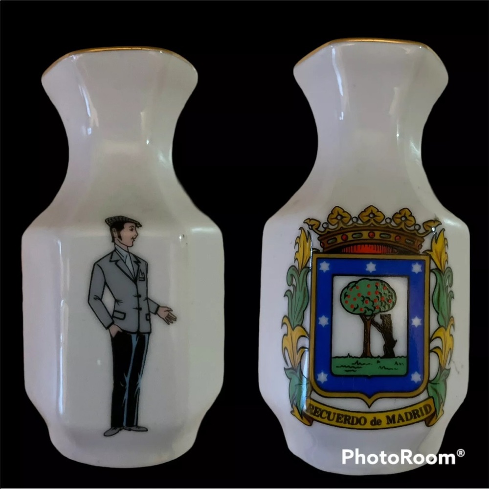 Miniature Porcelain Mini Vase Vintage Guillen 3.5” Tall Made In Spain Gold Rim